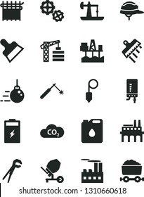 Solid Black Vector Icon Set - tower crane vector, big core, gears, concrete mixer, adjustable wrench, helmet, plummet, putty knife, spatula, electronic boiler, commercial seaport, charging battery