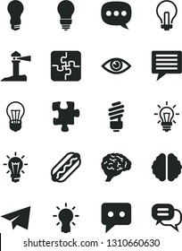 Solid Black Vector Icon Set - image of thought vector, incandescent lamp, paper airplane, Puzzle, Puzzles, saving light bulb, eye, Hot Dog, coastal lighthouse, think, speech, brain, dialog