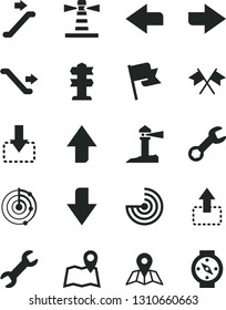 Solid Black Vector Icon Set - upward direction vector, downward, right, left, map, flag, move up, down, lighthouse, coastal, repair, radar, cross flags, escalator, signpost, compass