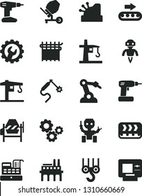 Solid Black Vector Icon Set - crane vector, winch hook, concrete mixer, cordless drill, gear, industrial enterprise, conveyor, production, cloth industry, tower, gas welding, robot welder, gears