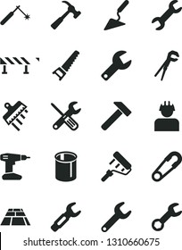 Solid Black Vector Icon Set - repair key vector, safety pin, building trowel, small tools, adjustable wrench, drill, hand saw, paint roller, spatula, paving slab, road fence, hammer, with claw