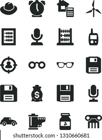 Solid Black Vector Icon Set - desktop microphone vector, floppy disk, hat, camera roll, new abacus, toy mobile phone, estimate, alarm clock, jar of jam, windmill, retro car, man in sight, glasses