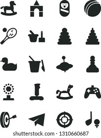 Solid Black Vector Icon Set - paper airplane vector, rubber duck, bath ball, stacking rings, toy, roly poly doll, sand set, children's, yule, rocking horse, small, box of bricks, joystick, cup, pawn
