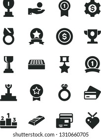 Solid Black Vector Icon Set - brick vector, cards, pedestal, catch a coin, winner podium, prize, award, gold cup, medal with pennant, ribbon, hero, star, diamond ring, bar, dollar, gear, credit card