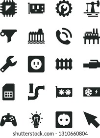 Solid Black Vector Icon Set - repair key vector, power socket type b, gear, new radiator, phone call, working oil derrick, water pipes, hydroelectricity, industrial enterprise, smd, SIM card, filter