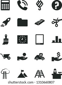 Solid Black Vector Icon Set - folder vector, question, hook, building trolley, wooden paint brush, ladder, autopilot, space rocket, chart, get a wage, catch coin, black clock, phone call, tablet pc