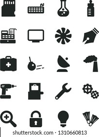 Solid Black Vector Icon Set - matte light bulb vector, zoom, feeding bottle, medical bag, gears, cordless drill, core, lock, flask, manufacture, satellite antenna, repair key, cash machine, fan