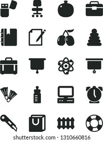 Solid Black Vector Icon Set - feeding bottle vector, stacking rings, portfolio, stationery knife, new radiator, alarm clock, notebook, case, notes, bag with handles, pomegranate, tasty cornels, atom