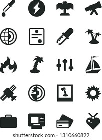 Solid Black Vector Icon Set - telescope vector, settings, satellite, pipette, flame, earth core, patente, electricity, sail boat, suitcase, atm, credit card, sun, palm tree, restaurant, photo