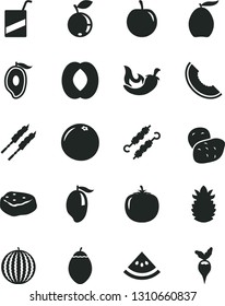 Solid Black Vector Icon Set - vector e, barbecue, meat on skewers, piece of, chili, blueberry, water melon, slice, mango, half, loquat, peach, tasty plum, tamarillo, ripe pineapple, grapefruit