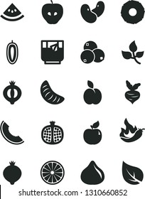 Solid Black Vector Icon Set - a glass of tea vector, apple, half pomegranate, apricot, tasty, fig, medlar, blueberries, slice melon, tangerine, sweet date fruit, orange, pineapple, water, hot pepper