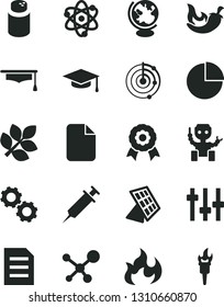 Solid Black Vector Icon Set - pie chart vector, powder, chili, file, molecule, atom, gears, settings, globe, flame, graduate hat, radar, medal, robot, sun panel, biology, syringe, torch