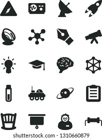 Solid Black Vector Icon Set - cradle vector, test tube, telescope, molecule, electricity, bulb, brain, oscilloscope, scientist, graduate hat, clipboard, satellite antenna, saturn, rocket, 3d cube