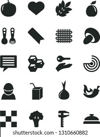 Solid Black Vector Icon Set - heart symbol vector, image of thought, bookmark, packing juice with a straw, plastic fork spoons, tile, porcini, chili, honeycombs, guava, persimmon, onion, broccoli