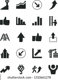 Solid Black Vector Icon Set - upward direction vector, growth up, chart, positive histogram, tower crane, hook, ladder, left bottom arrow, thumb, move, right, bar, finger, man, winner stairway, with