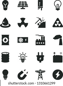 Solid Black Vector Icon Set - incandescent lamp vector, bulb, electronic boiler, solar panel, coal mining, manufacture, oil, barrel, accumulator, power pole, plug, industrial building, drop of