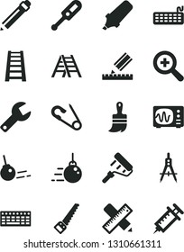 Solid Black Vector Icon Set - repair key vector, graphite pencil, zoom, open pin, electronic thermometer e, big core, arm saw, paint roller, wooden brush, stepladder, ladder, writing accessories