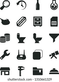 Solid Black Vector Icon Set - repair key vector, bedside table, folder bookmark, toilet, comfortable, coins, copy, Hot Dog, chicken, SIM card, calipers, Glass bottle, stall, magnifier, filter, flask