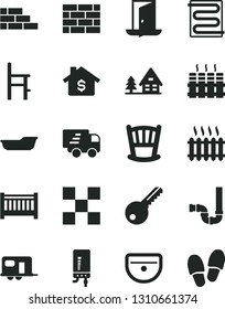 Solid Black Vector Icon Set - cradle vector, baby cot, bath, a chair for feeding, brickwork, brick wall, sink, siphon, key, tile, heating coil, radiator, electronic boiler, cast iron, exit door