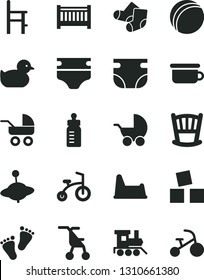 Solid Black Vector Icon Set - cradle vector, baby cot, feeding bottle, diaper, nappy, stroller, carriage, sitting, duckling, bath ball, Knitted Socks, children's potty, chair, a for, toy train, yule