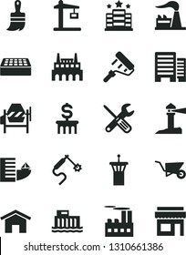 Solid Black Vector Icon Set - building trolley vector, concrete mixer, small tools, paint roller, wooden brush, buildings, brick, home, factory, hydroelectric station, industrial, Construction crane