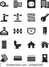 Solid Black Vector Icon Set - house vector, long meashuring tape, sink, toilet, power socket type f, key, interroom door, buildings, city block, ceramic tiles, brick, heating coil, electronic boiler
