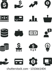 Solid Black Vector Icon Set - growth up vector, coins, shopping basket, reverse side of a bank card, front the, column, chart, get wage, catch coin, purse, money, cash, rain, dollar, gear, idea, pin