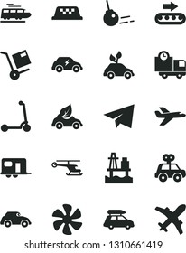 Solid Black Vector Icon Set - paper airplane vector, motor vehicle present, child Kick scooter, core, delivery, shipment, sea port, marine propeller, production conveyor, eco car, electric, retro