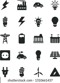 Solid Black Vector Icon Set - lightning vector, matte light bulb, saving, power socket type f, charge level, solar panel, windmill, battery, hydroelectricity, pole, electric plug, energy, car