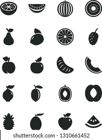 Solid Black Vector Icon Set - pear vector, peach, quince, apricot, red apple, tasty mulberry, water melon, slice of, loquat, delicious plum, half, tangerine, lemon, yellow, kiwi, orange, grapefruit