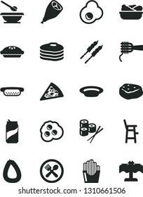 Solid Black Vector Icon Set - plates and spoons vector, a chair for feeding child, stick of sausage, piece pizza, mini hot dog, noodles, pie, lettuce in plate, grill chicken leg, barbecue, meat, egg