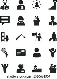 Solid Black Vector Icon Set - image of thought vector, employee, pass card, operator, racer, welding, man, scientist, winner, carrer stairway, hold world, hands up, with medal, flag, ladder, speaker