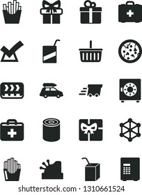 Solid Black Vector Icon Set - grocery basket vector, first aid kit, medical bag, e, packing of juice with a straw, strongbox, gift, tin, pizza, French fries, fried potato slices, conveyor, giftbox