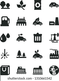 Solid Black Vector Icon Set - dust bin vector, bag with handles, working oil derrick, leaves, gas station, hydroelectric, hydroelectricity, trees, forest, industrial building, thermal power plant