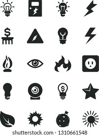 Solid Black Vector Icon Set - lightning vector, power socket type b, dangers, star, eye, bulb, lens, leaf, light, electricity, flame, flag on moon, dollar column, idea, sun