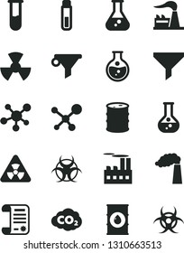 Solid Black Vector Icon Set - round flask vector, manufacture, factory, oil, barrel, industrial building, radiation, carbon dyoxide, filter, water, research article, test tube, molecule, nuclear