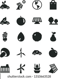 Solid Black Vector Icon Set - saving light bulb vector, drop, porcini, cabbage, pear, mint, tangerine, delicious apple, big solar panel, windmill, wind energy, planet Earth, hydroelectricity, trees