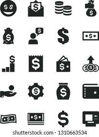 Solid Black Vector Icon Set - purse vector, dollar, coins, denomination of the, financial item, catch a coin, money, cash, bag hand, pedestal, gear, wallet, eyes, growth, mail, dialog, atm