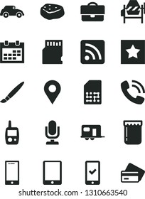 Solid Black Vector Icon Set - tassel vector, desktop microphone, calendar, rss feed, toy mobile phone, concrete mixer, smartphone, piece of meat, jam, retro car, SIM, location, portfolio, call, star