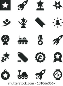 Solid Black Vector Icon Set - bookmark vector, remove label, star gear, rocket, lunar rover, bang, cup, reward, medal, ribbon, stars around man, three, flying, compass