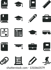 Solid Black Vector Icon Set - clip vector, briefcase, graphite pencil, yardstick, book, e, abacus, portfolio, square academic hat, on statistics, engineer calculator, graduate, patente, bus