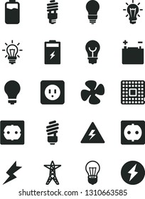 Solid Black Vector Icon Set - danger of electricity vector, matte light bulb, saving, power socket type b, f, lightning, fan screw, charge level, charging battery, accumulator, line, energy