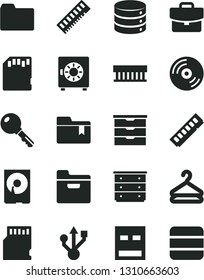 Solid Black Vector Icon Set - folder vector, bookmark, storage unit, chest of drawers, key, CD, big data, suitcase, strongbox, hanger, radiator fan, memory, hdd, usb, sd card