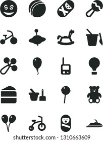 Solid Black Vector Icon Set - beanbag vector, baby rattle, bath ball, roly poly doll, tumbler, toy phone, sand set, children's, small teddy bear, yule, rocking horse, colored air balloons, balloon