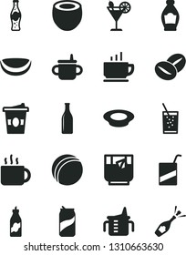 Solid Black Vector Icon Set - mug for feeding vector, measuring cup, bath ball, e, coffee, a plate of milk, beans, tea, coffe to go, glass soda, cocktail, can, bottle, liquor, piece coconut, half