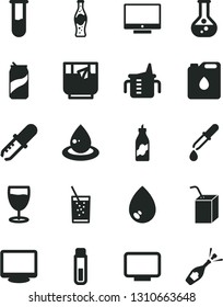 Solid Black Vector Icon Set - measuring cup for feeding vector, packing of juice with a straw, drop, screen, glass soda, tea, can, bottle, liquor, flask, canister oil, monitor, test tube, pipette