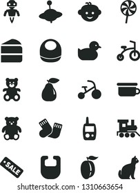 Solid Black Vector Icon Set - bib vector, baby, duckling, warm socks, toy mobile phone, children's potty, teddy bear, small, hairdo, train, yule, child bicycle, tricycle, piece of cake, lollipop