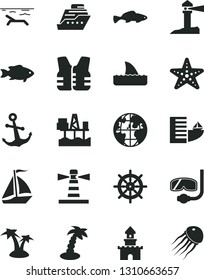 Solid Black Vector Icon Set - anchor vector, small fish, commercial seaport, lighthouse, coastal, planet, sand castle, sail boat, hotel, beach, palm tree, starfish, diving mask, handwheel, life vest