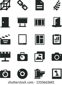 Solid Black Vector Icon Set - camera vector, scribbled paper, spectacles, roll, movie cracker, window, frame, ntrance door, picture, billboard with illumination, statistical report, tablet pc, exit