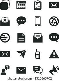 Solid Black Vector Icon Set - warning vector, envelope, scribbled paper, received letter, speech, smartphone, survey, copy, wall calendar, mobile phone, network, mail, dialog, plane, money